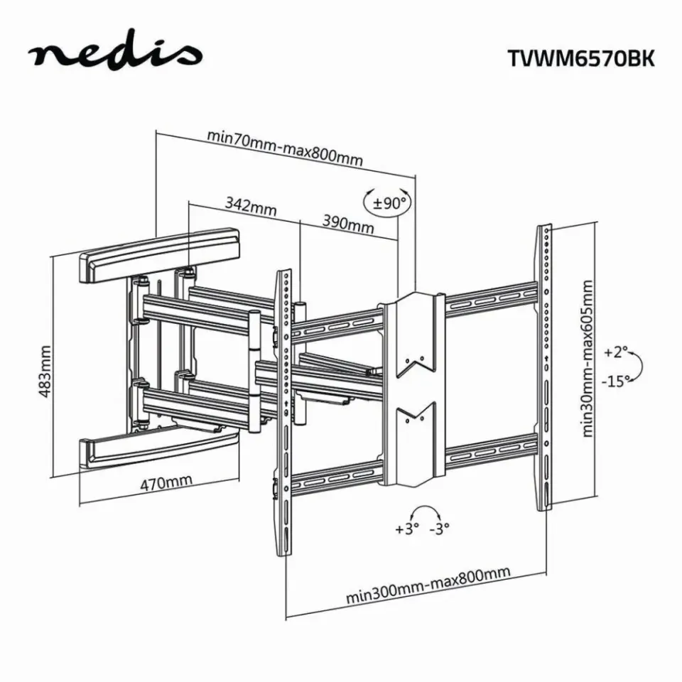 Nedis TVWM6570BK - Full Motion Nástěnný Držák TV | 43-100" | Max 70 kg | Naklápě