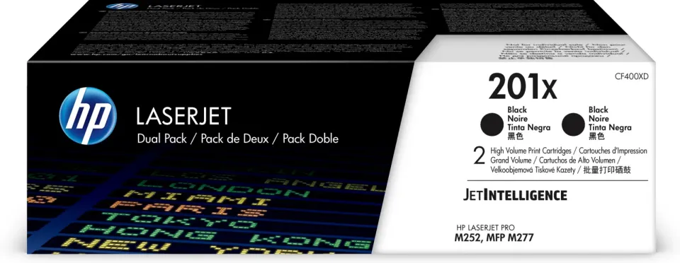 HP CF400XD originální toner černý = 2pack (= 2x CF400X) black toner č.201X velký cca 2x 2800 str. (HP CLJ M252, M277, M274, černá, ColorSphere 3 Jetintelligence )