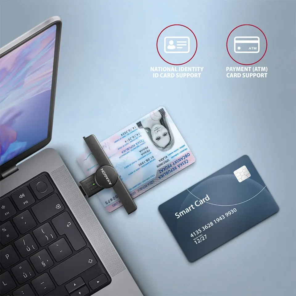 AXAGON CRE-SMPC Skládací kapesní USB-C čtečka kontaktních Smart karet. Vhodná pr