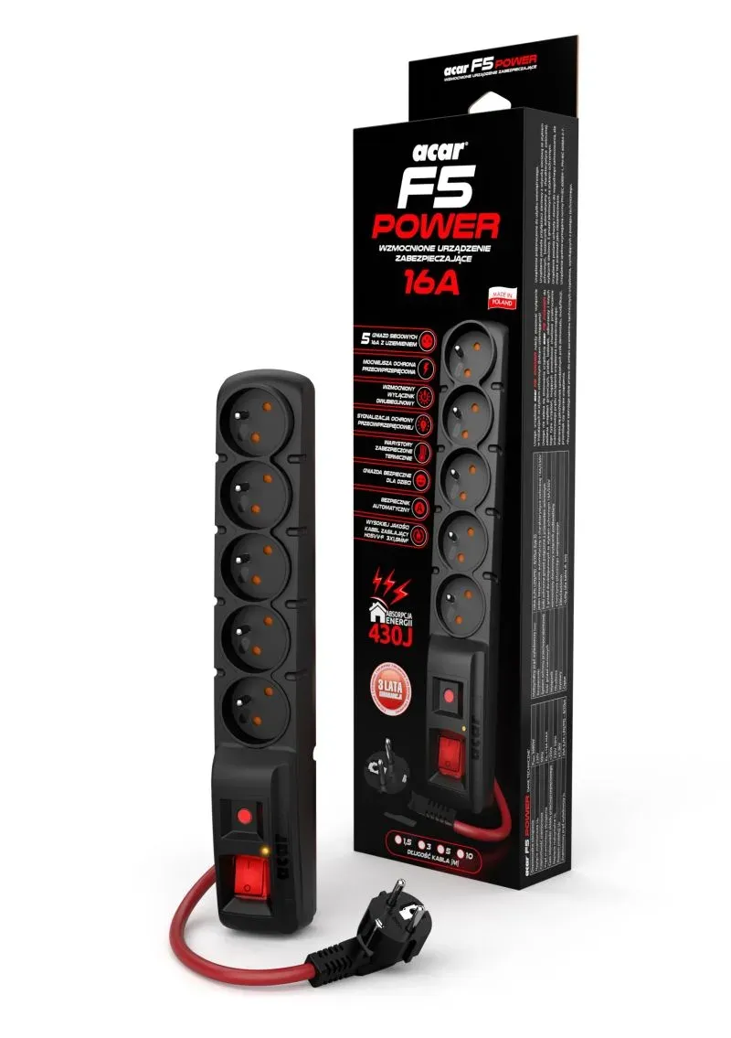 Acar F5 3m kabel, 5 zásuvek, přepěťová ochrana, max.proud 16A, černý