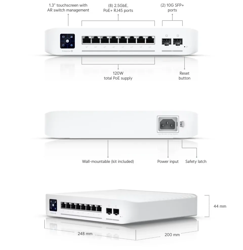 UBNT USW-Enterprise-8-PoE [8x 2.5G RJ45, 2x 10G SFP+, 120W PoE budget, PoE+ 802.3af/at, 1,3" dotykový displej]