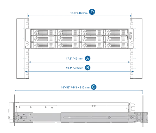 QNAP Rail Kit pro 2U rack 18-32in (ližiny pro hloubku cca 443-812mm)