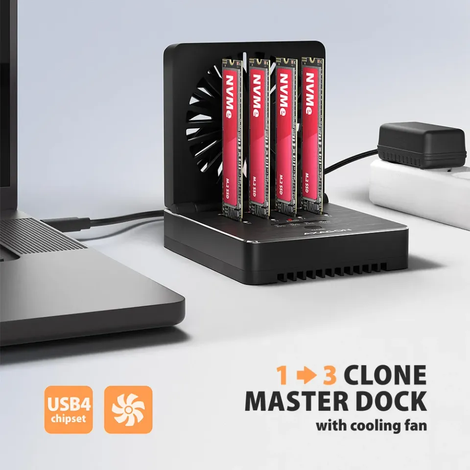 AXAGON ADSA-M2C44, USB4 dokovací stanice pro 4× M.2 NVMe SSD s funkcí klonování