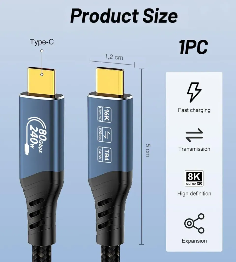 PremiumCord USB4 Version2.0 80Gbps 16K@60Hz 240W Thunderbolt 3 a 4 kabel 1m
