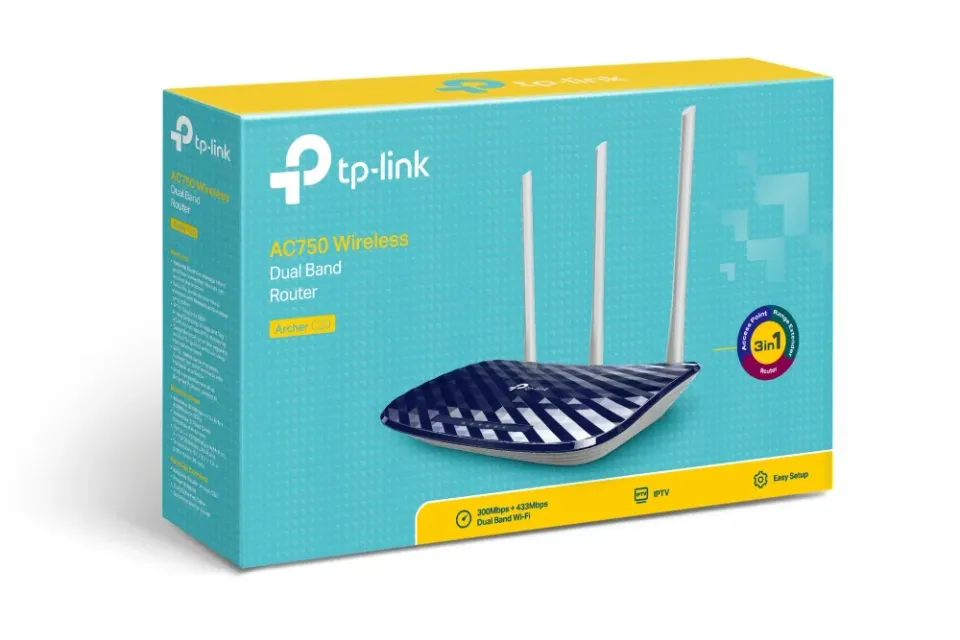 TP-LINK Archer C20 wifi AP/router AC750, 4xLAN, 1xWAN, (2,4GHz, 5GHz, ac) 300 + 433Mbit, 3x fix anténa