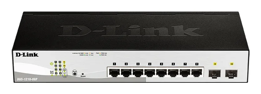D-Link DGS-1210-08P 10-port Gigabit Smart PoE Switch, 8x GbE PoE+, 2x SFP, PoE 65W, fanless
