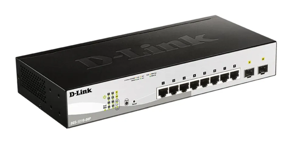 D-Link DGS-1210-08P 10-port Gigabit Smart PoE Switch, 8x GbE PoE+, 2x SFP, PoE 65W, fanless
