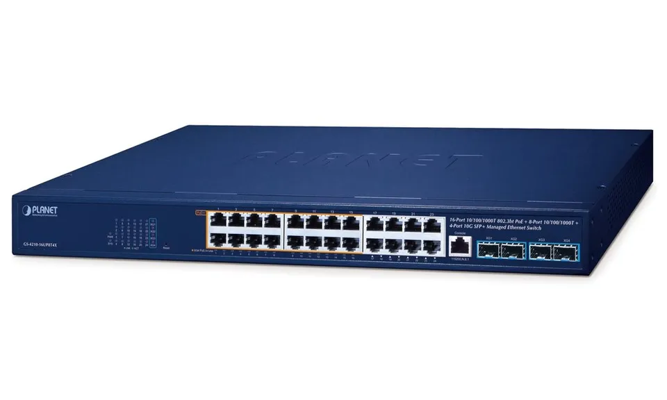 Planet GS-4210-16UP8T4X L2/L4 switch, 24x1Gb, 4x10Gb SFP+, 16x PoE++ 802.3bt + 8x PoE 420W, NMS, QoS