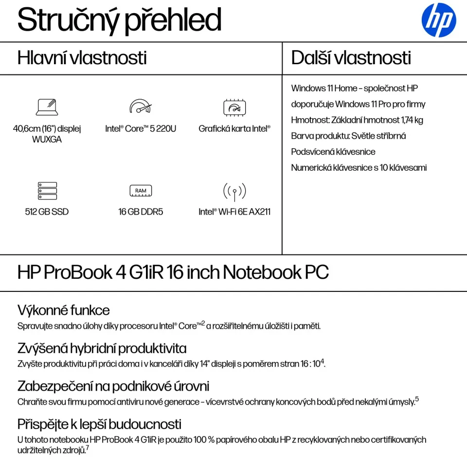 HP ProBook 4/G1iR/5-220U/16"/WUXGA/16GB/512GB/Intel int/W11H/Silver/3R