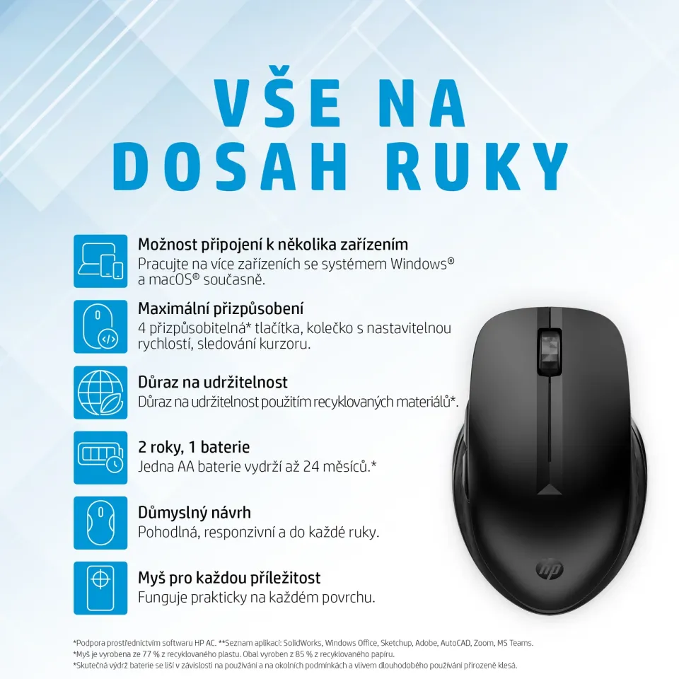 HP myš - 435 Multi-Device Mouse, Wireless (BT + WiFi USB dongle)