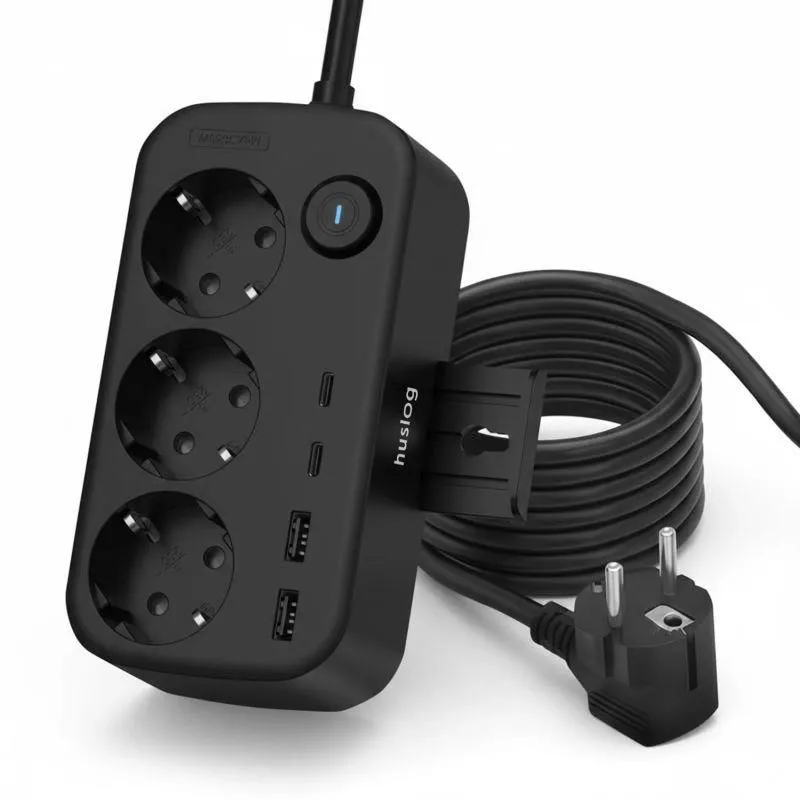 Nabíjecí stanice Huslog 15W 3xzásuvka, 2xUSB-C, 2xUSB, 1x držák na telefon černá
