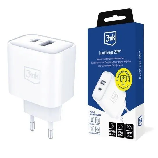 3mk DualCharge 20W síťová nabíječka, PD 3.0, QC 3.0, PPS, USB-C + USB-A, bílá