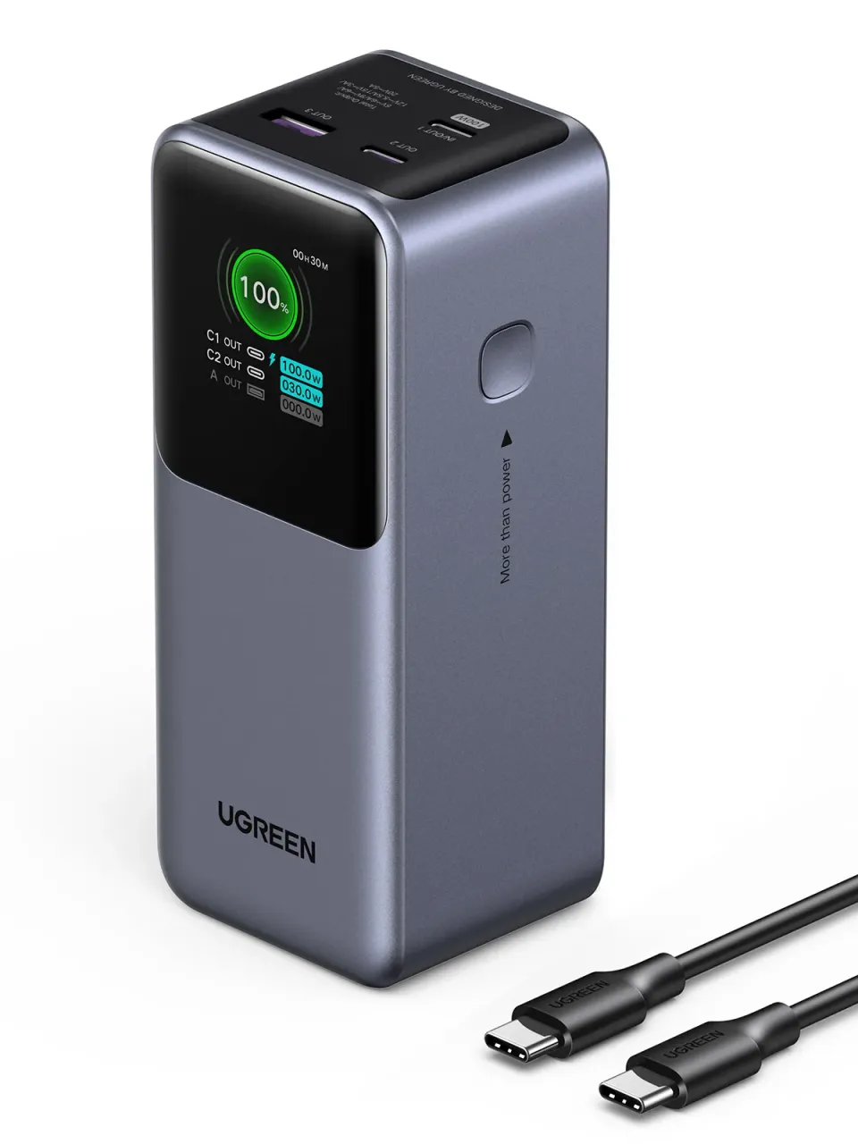 UGREEN powerbanka s rychlým nabíjením 20000mAh 3-port s displejem, Li-ion, 130W, 2x USB-C, 1x USB-A, stříbrná