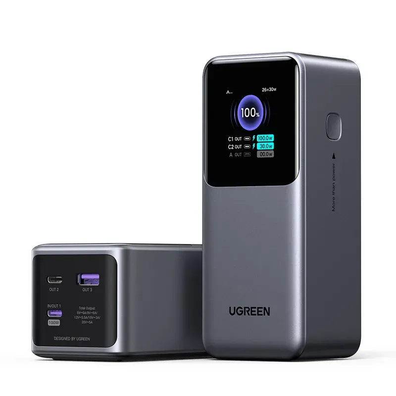 UGREEN powerbanka s rychlým nabíjením 20000mAh 3-port s displejem, Li-ion, 130W, 2x USB-C, 1x USB-A, stříbrná