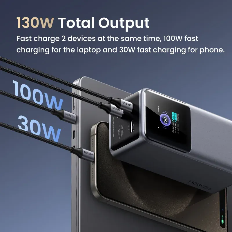 UGREEN powerbanka s rychlým nabíjením 20000mAh 3-port s displejem, Li-ion, 130W, 2x USB-C, 1x USB-A, stříbrná