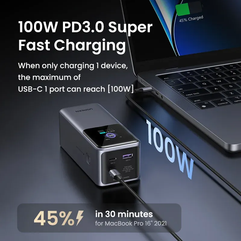 UGREEN powerbanka s rychlým nabíjením 20000mAh 3-port s displejem, Li-ion, 130W, 2x USB-C, 1x USB-A, stříbrná