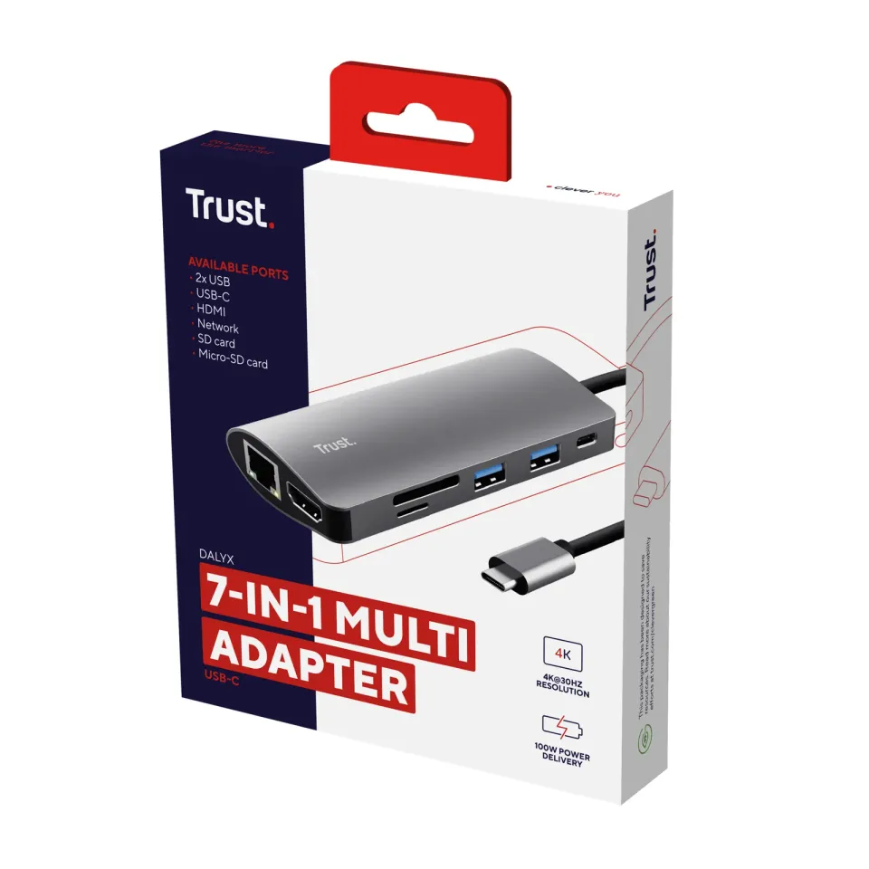 TRUST Dokovací stanice DALYX USB-C 7v1, 1xHDMI, 1xUSB-C, 2xUSB, 1x RJ45, šedá