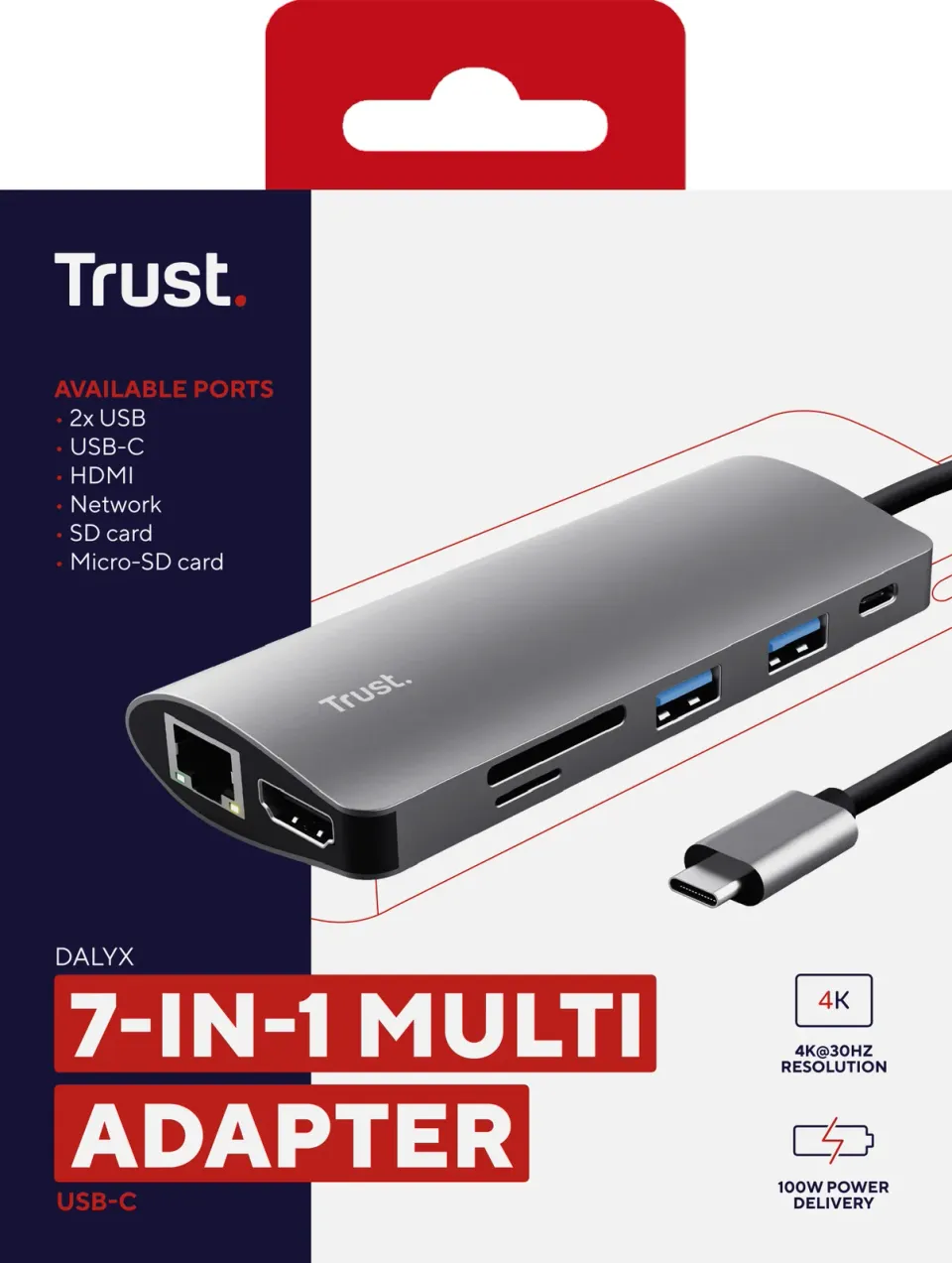 TRUST Dokovací stanice DALYX USB-C 7v1, 1xHDMI, 1xUSB-C, 2xUSB, 1x RJ45, šedá