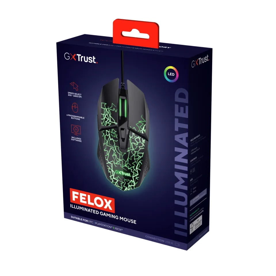 TRUST Myš GXT 113 Felox, Drátová USB, RGB, černá