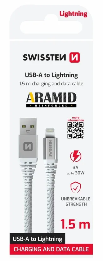 SWISSTEN DATOVÝ KABEL KEVLAR USB / LIGHTNING 1,5 M BÍLÝ