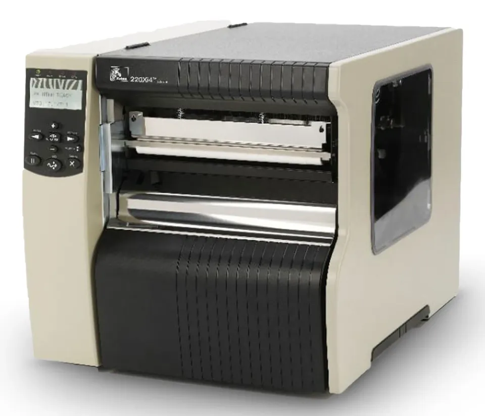 Zebra 220Xi4 – průmyslová termotransferová tiskárna etiket, 300 dpi, šířka tisku 216 mm, PrintServer, se zpětným navíječem