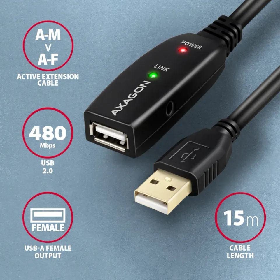 AXAGON ADR-215, USB2.0 aktivní prodlužovací / repeater kabel, 15m