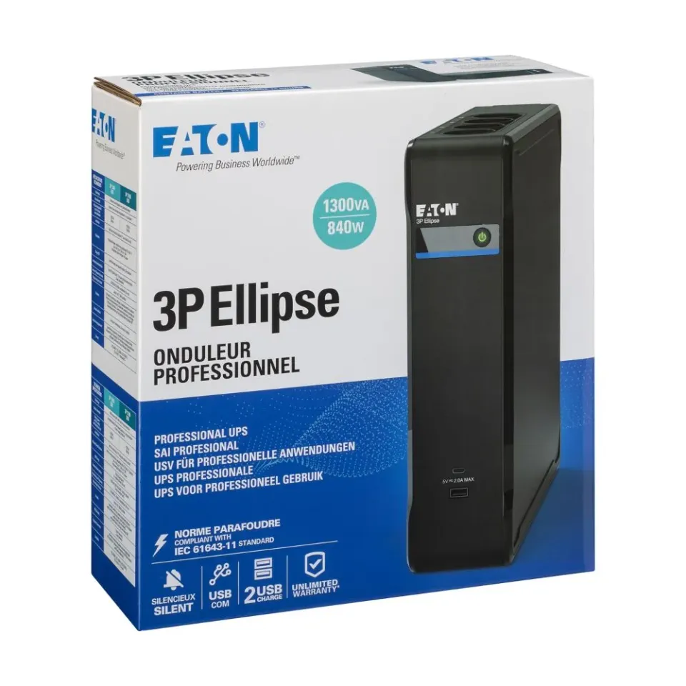 Eaton 3P Ellipse UPS DIN USB, 1300VA, 840W, Vstup: C14, Výstupy: (3) Typ E, (1) Pouze přepěťová ochrana Typ E, Tower