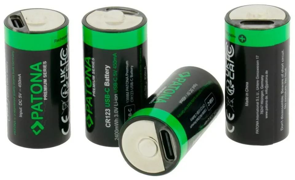 PATONA nabíjecí baterie CR123A Li-lon 800mAh 3,0 V s USB-C nabíjením, 4ks v balení