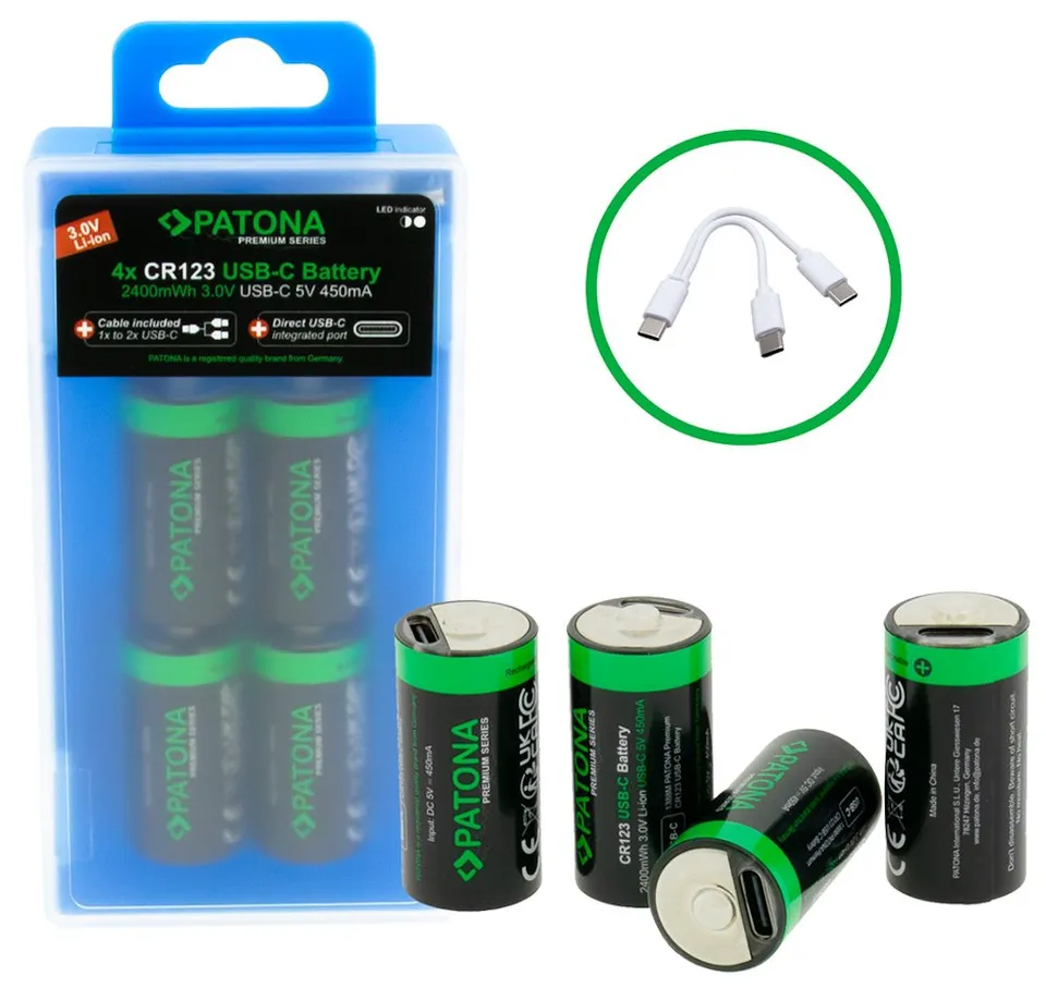 PATONA nabíjecí baterie CR123A Li-lon 800mAh 3,0 V s USB-C nabíjením, 4ks v balení