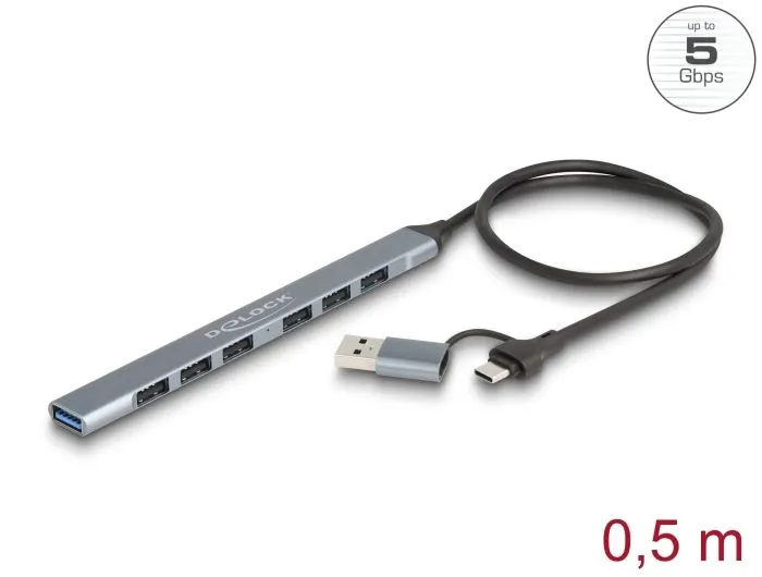 Delock 7 portový štíhlý USB Hub z USB Type-C nebo USB Typ-A na 1 x USB 5 Gbps T