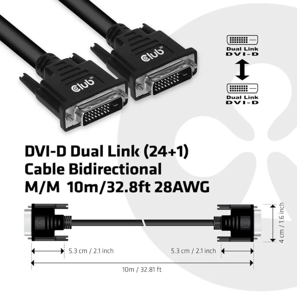 Club3D kabel DVI-D Dual Link (24+1), 10m, Bidirectional, 28 AWG