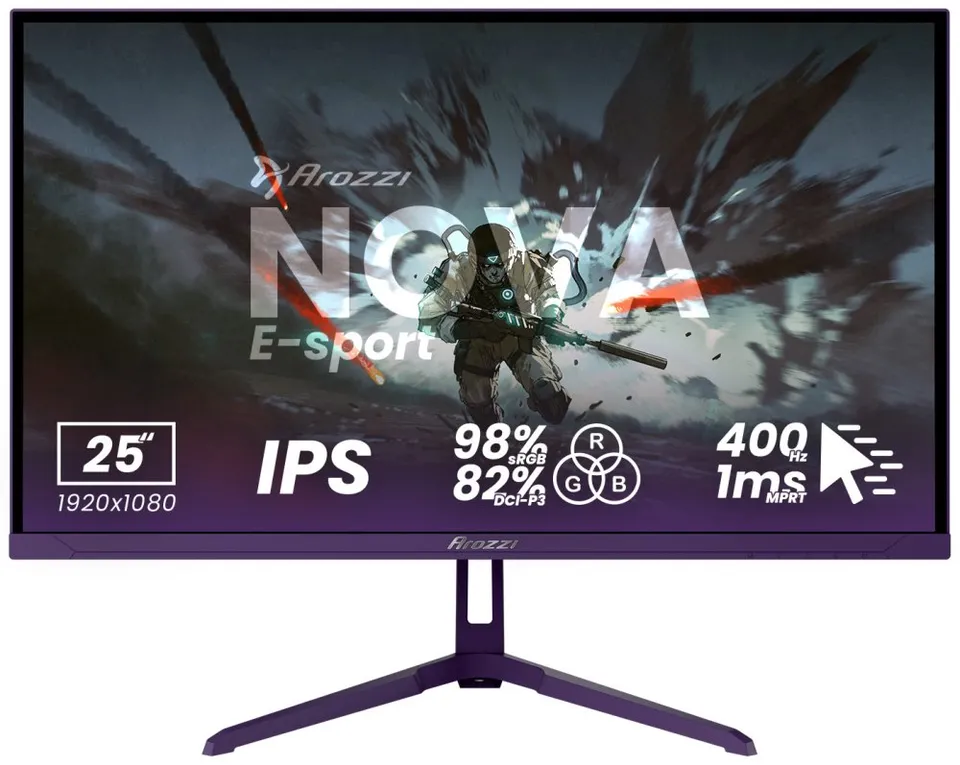 AROZZI NOVA herní monitor 24,5" 25T1K400 Purple/ LED/ IPS/ 1920x1080/ 400Hz/ 1000:1/ 1ms/ 2xHDMI/ 2xDP/ fialový