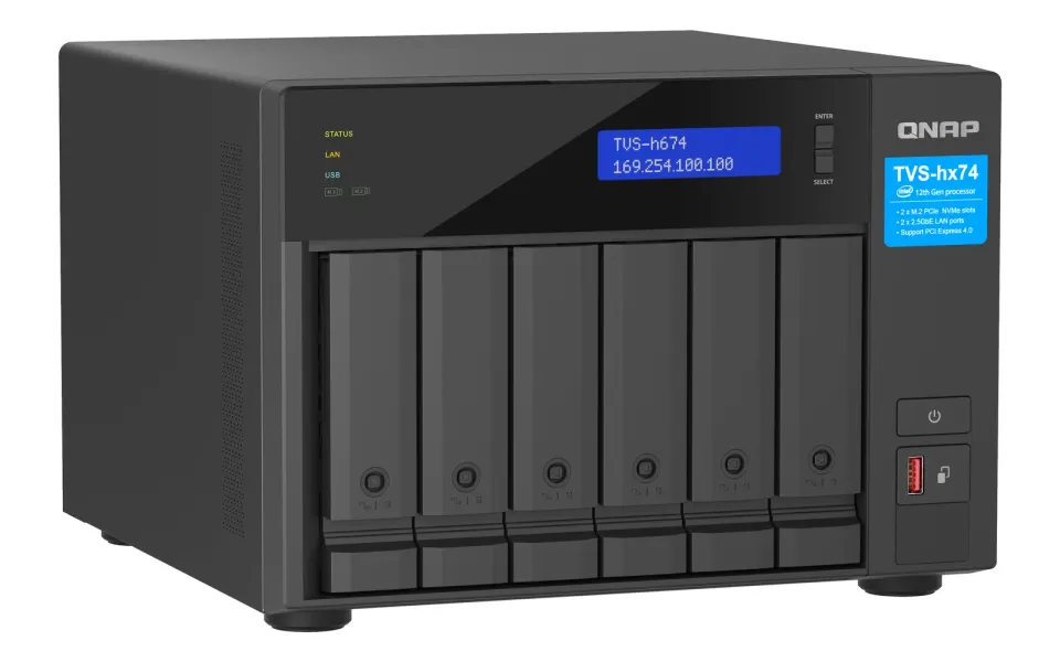 QNAP TVS-h674-i3-16G (4core 4,3GHz, ZFS, 16GB RAM, 6x SATA, 2x M.2 NVMe, 2x PCIe, 2x 2,5GbE, HDMI)