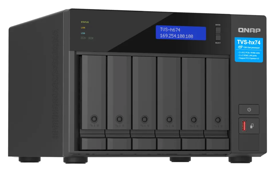 QNAP TVS-h674-i3-16G (4core 4,3GHz, ZFS, 16GB RAM, 6x SATA, 2x M.2 NVMe, 2x PCIe, 2x 2,5GbE, HDMI)