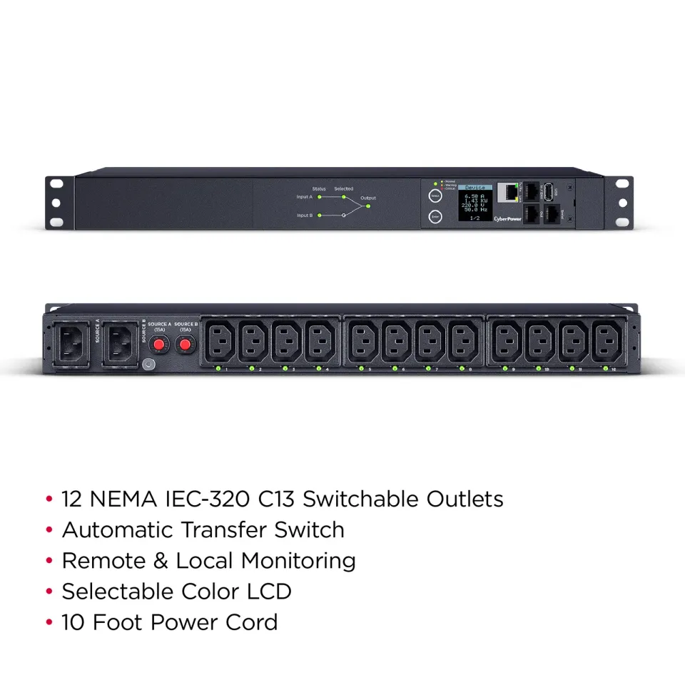CyberPower Rack ATS PDU, Switched, 1U, vstup 2x IEC C14, výstup 12x IEC C13