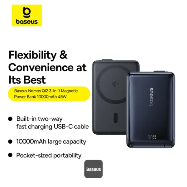Baseus Powerbanka PicoGo Qi2 10000mAh 45W s kabelem USB-C černá