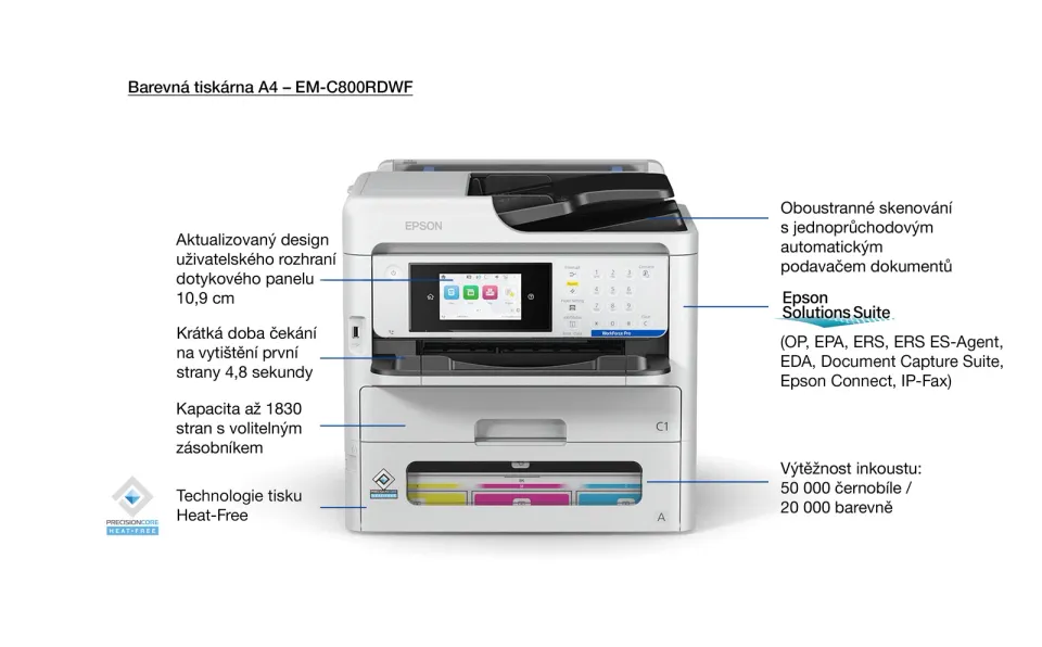 Epson WorkForce Pro EM-C800RDWF – barevná inkoustová multifunkce A4 4 v 1 (tisk, kopírování, sken, fax), RIPS, duplex