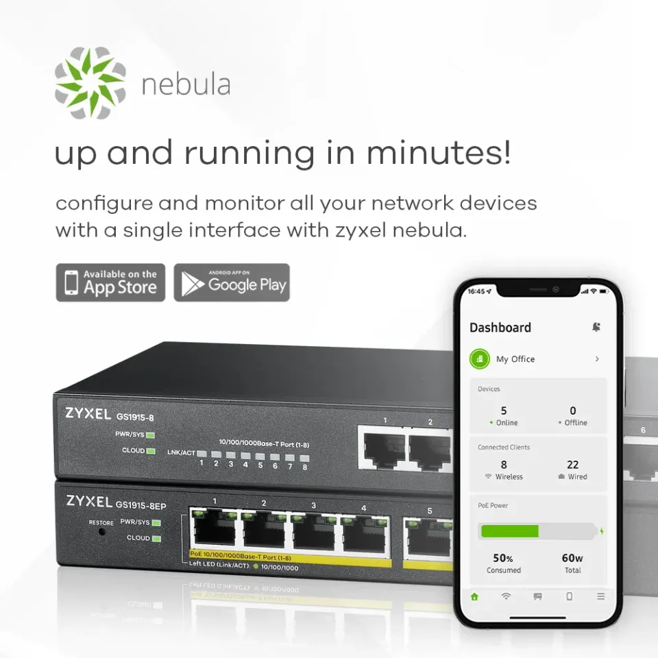 Zyxel GS1915-8 8-port Gigabit Web Smart switch, 8x gigabit RJ45, fanless