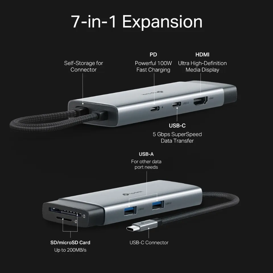 TP-Link UH7020C – USB-C hub 7v1 (HDMI 4K@60Hz, SD/microSD, PD 100W, USB 3.0)