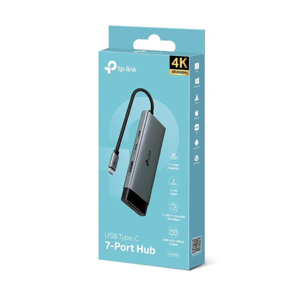 TP-Link UH7020C – USB-C hub 7v1 (HDMI 4K@60Hz, SD/microSD, PD 100W, USB 3.0)