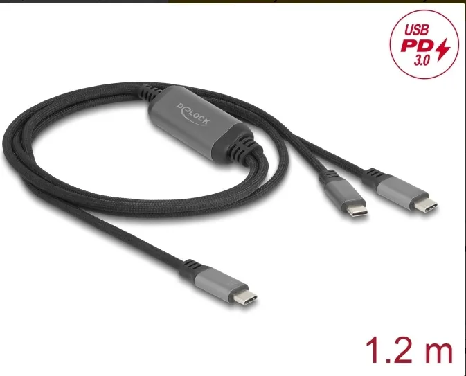 Delock Kabel USB-C ve tvaru Y, z 1 x zástrčky na 2 x zástrčky PD 3.0, 100 W inte