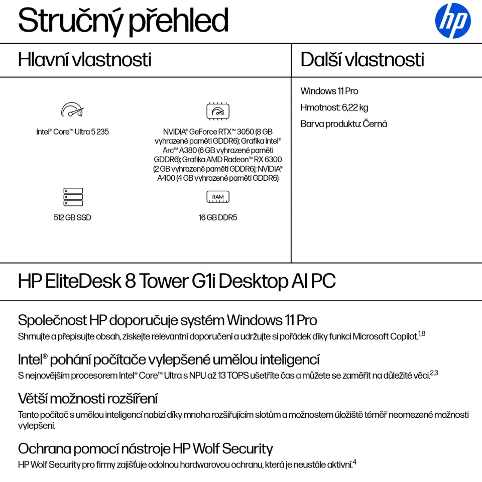 HP PC EliteDesk 8 Tower G1i AI, Ultra 5 235,1x16GB, 512GB,UHD (Arc) 3Xe LPG,kl. a myš, 280W platinum, 2xDP+HDMI,Win11Pro