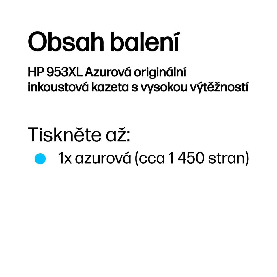 HP F6U16AE náplň č.953XL azurová velká (cyan, cca 1450 stran) (pro OfficeJet Pro 7720, 7740, 8210, 8710,8715, 8720,8725, 8730, 8740