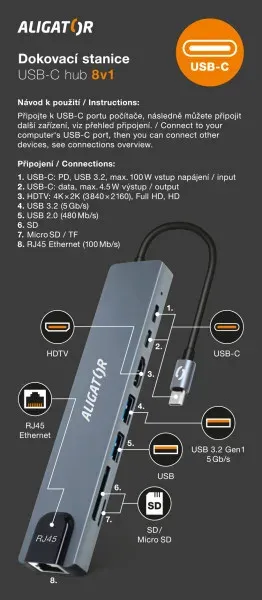 Aligator Dokovací stanice USB-C / Hub 8v1 (USB-C / 2xUSB / SD / MicroSD/ HDTV / RJ45)