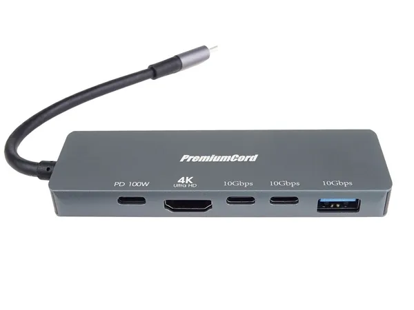 PremiumCord USB-C na 4K@60Hz HDMI + 10G USB3.2 A + 10G 2x USB-C + PD(power deliv