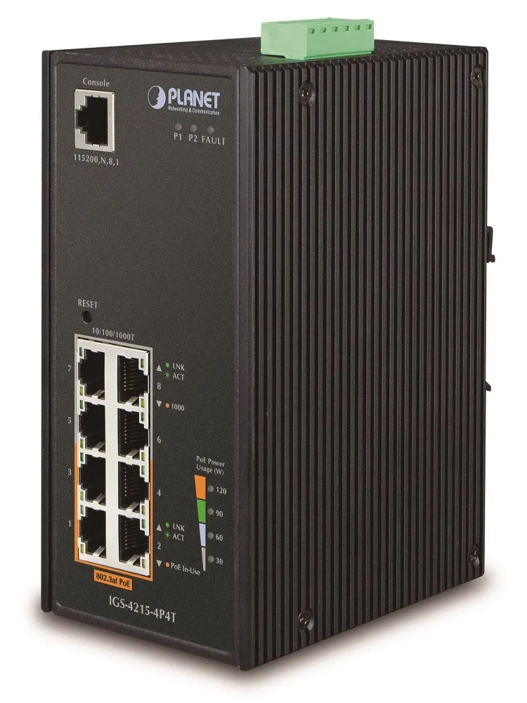 Planet IGS-4215-4P4T průmyslový L2 switch, 8x1Gb, 4x PoE 802.3af 140W, 48-54VDC, -40~75°C, IP30