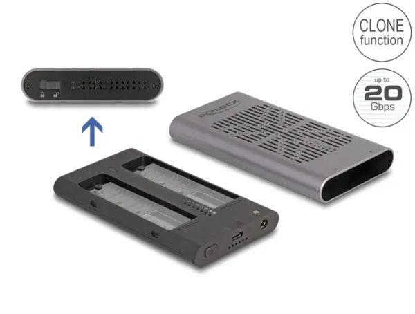 Delock Externí USB 20 Gbps pouzdro pro 2 x SSD M.2 NVMe PCIe se zásuvkovým konek