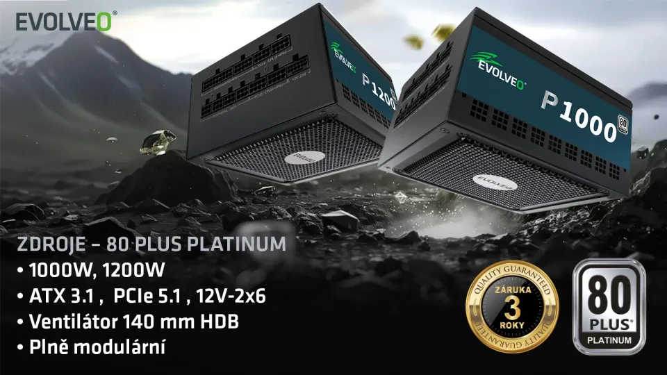 EVOLVEO P1000 zdroj 1000W, 80+ PLATINUM, ATX 3.1, PCIe 5.1, aPFC, 140 mm ventilá