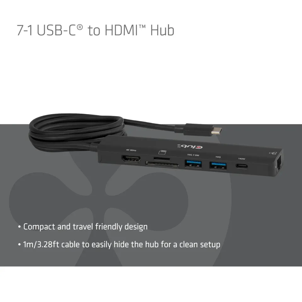 Club3D hub USB-C, 7-in-1 hub s 2x USB, 1xHDMI, 1xUSB-C PD, RJ45, microSD/SD, 140W, 4K60Hz, 1m kabel