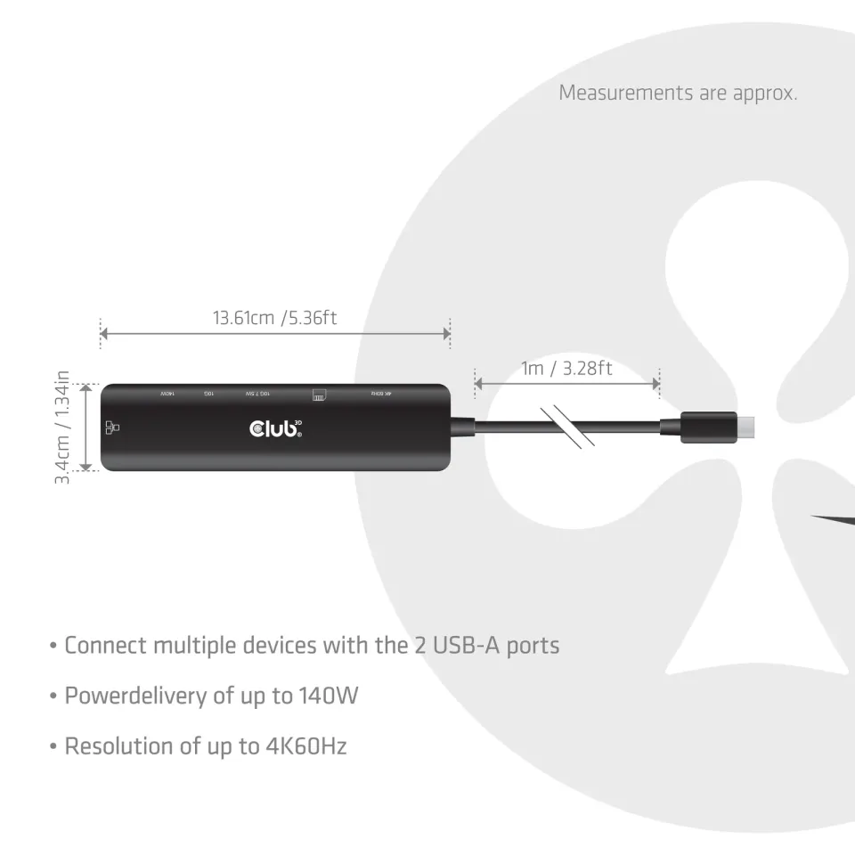 Club3D hub USB-C, 7-in-1 hub s 2x USB, 1xHDMI, 1xUSB-C PD, RJ45, microSD/SD, 140W, 4K60Hz, 1m kabel